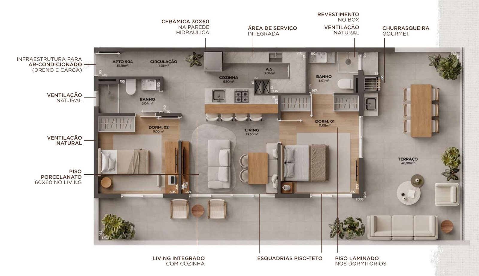 Planta cobertura 2 dormitórios com suíte e terraço